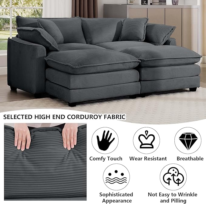 Aoowow Oversized Loveseat Couch with Ottomans,Modern Corduroy 2 Seater Cloud Couches for Living Room,Modular Sectional Cloud Sofas Deep Seat,Double Lounger Sleeper Sofa