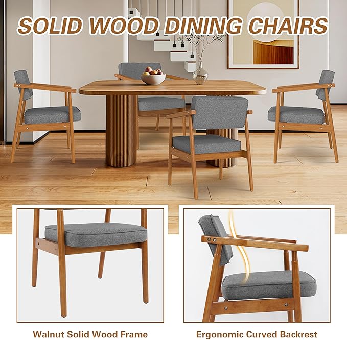 LSSPAID Dining Chairs Set of 4, Fabric Upholstered with Walnut Finished Handrails Comfy Backrest, Mid Century Modern Farmhouse Dining Room Chairs for Kitchen, Living Space & Restaurant, Grey