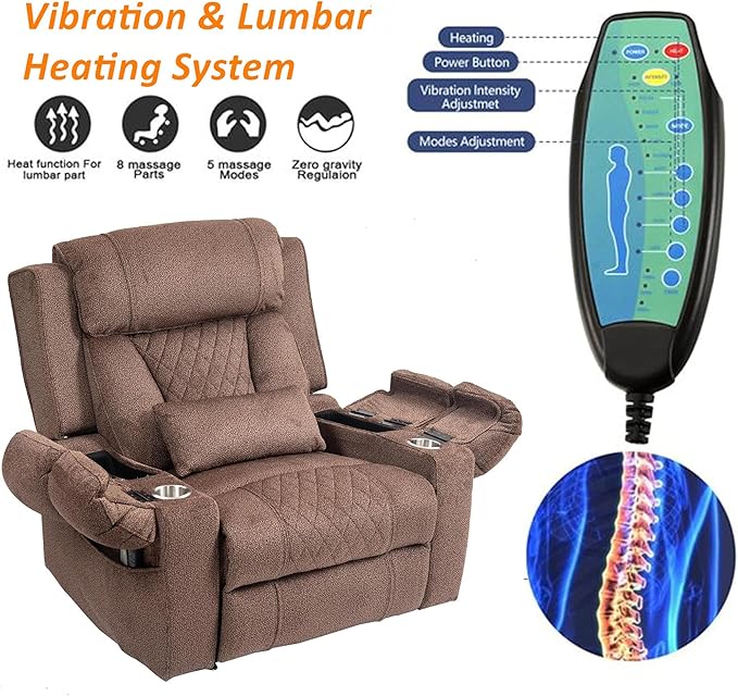 Oversized Lift Assist Recliner Chair with Massage Heating, Extra Wide Lay Flat Recliner Chairs with Lumbar Pillow, Flip Arm Storage Cup Holders and USB Type C Charging for Elderly Sleeping