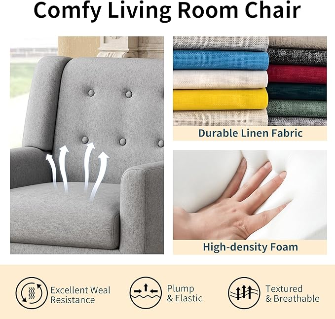 Accent Chairs Set of 2, Mid-Century Modern Upholstered Living Room Armchair, Comfy Linen Fabric Single Reading Arm Chair with Tufted Back and Wood Legs for Bedroom, Club (2, Light Grey)