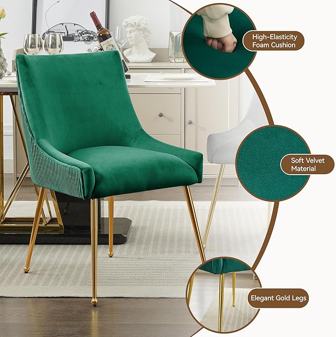 WUTUTUEE Velvet Dining Chairs Set of 4 Gold Legs,Upholstered Velvet Accent Chairs, Pleated Back Design & Gold Pull Handle, Mid Century Modern Chairs for Dining/Kitchen/Living Room,Green
