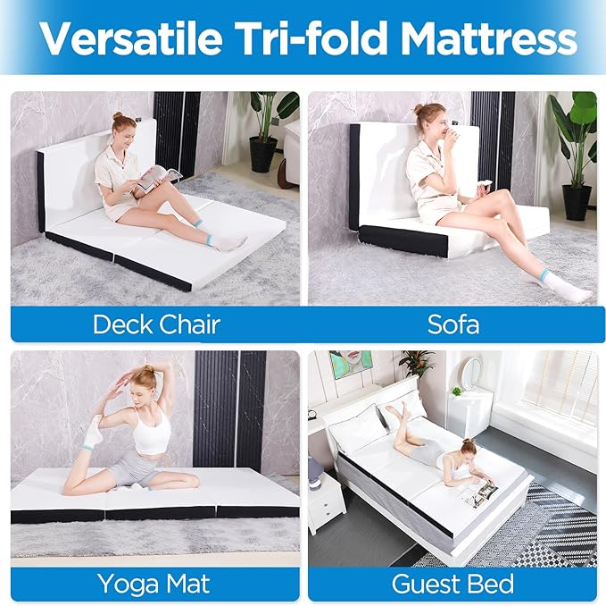 Roxzo 4 inch Twin Tri-Folding Memory Foam Mattress, Portable Trifold Mattress Topper with Washable Cover, Non-Slip Bottom for Camping, Guest Bed, 75"x38"x4"