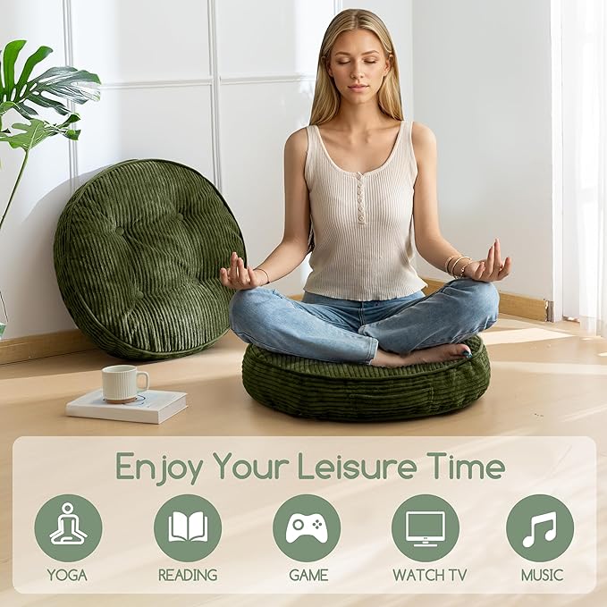 HIGOGOGO Washable Floor Pillow Cushion for Adults, Meditation Cushion Pillow, Large Round Floor Sitting, Removable Tufted Corduroy Cover, for Tatami Living Room or Yoga, 22x22 Inch, Machine Washable
