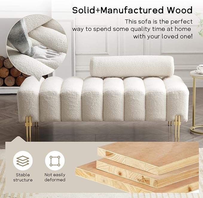 NIOIIKIT 53.2" Modern Loveseat Sofa Couch, Upholstered Accent Sofa with Golden Legs and Adjustable Backrest, Small Teddy Fleece Couches for Bedroom, Living Room, Compact Small Space (Beige)