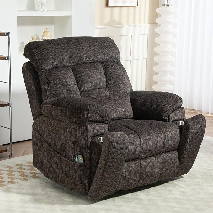 Lay Flat Power Lift Recliner Chair, | 400lbs | 25.5in Extra Wide | 4-Motor | Heat, Massage, Hidden Cup Holder, Sleeping | Big Man, Elderly (Charcoal Grey)