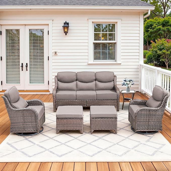 Pugire Luxury High Back Patio Furniture Set with 6-Inch Thick Cushions, 6-Pieces Outdoor Furniture with Swivel Chairs &Side Table, Wicker Conversation Set for Porch, Balcony, Deck and Yard, Brown/Grey