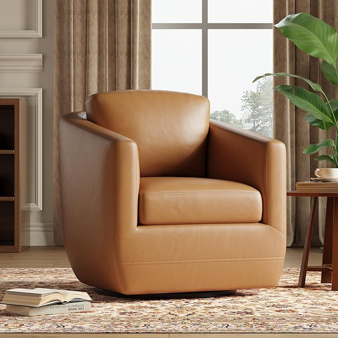 MALOL 360° Swivel Accent Chair- Comfy Living Room Armchair No-Sag Foam & Sturdy Metal Base with Pillow, Fully Assembled Swivel Accent Single Sofa for Bedroom Living Room, Office, Brown
