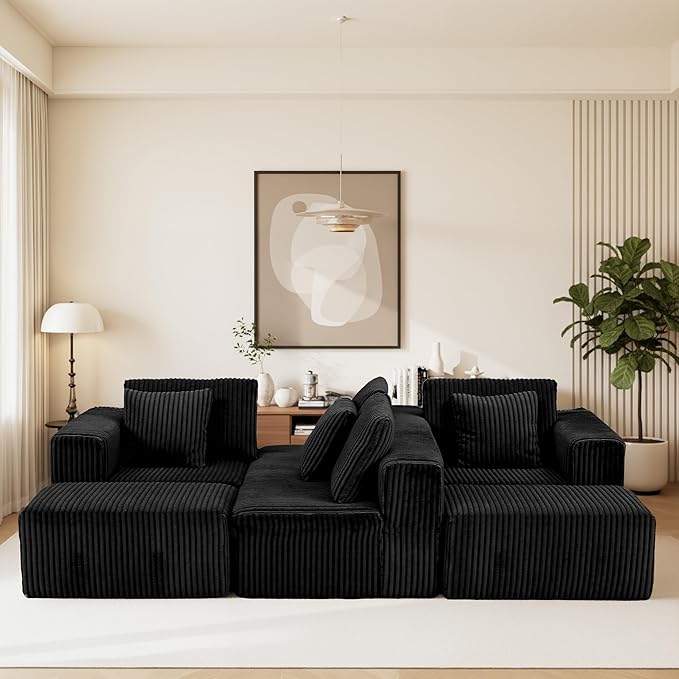 132" U Shaped Modular Sofa, 4-Seater Sectional Cloud Couch with Chaise, Soft Corduroy Boneless for Living Room, No Assembly Required, Free Configuration, Black