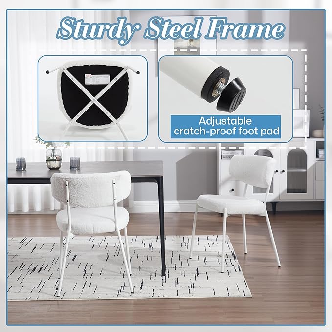 KCC Boucle Dining Chairs Set of 4, Modern Mid-Century Upholstered Stylish Kitchen Chairs Sherpa Accent Diner Chairs with Metal Legs and Curved Back for Kitchen, Dining Room(White)
