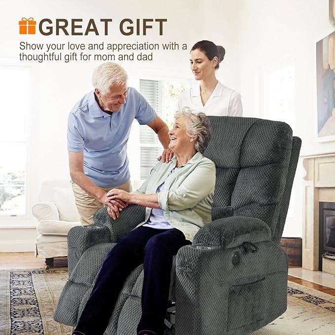 CDCASA Oversized Dual Motor Lay Flat Power Lift Recliner Chair with Massage, Heating, Textile Infinite Position Large Recliner Chairs for Big & Elderly People, Lumbar Pillow, USB & Type-C Ports, Grey