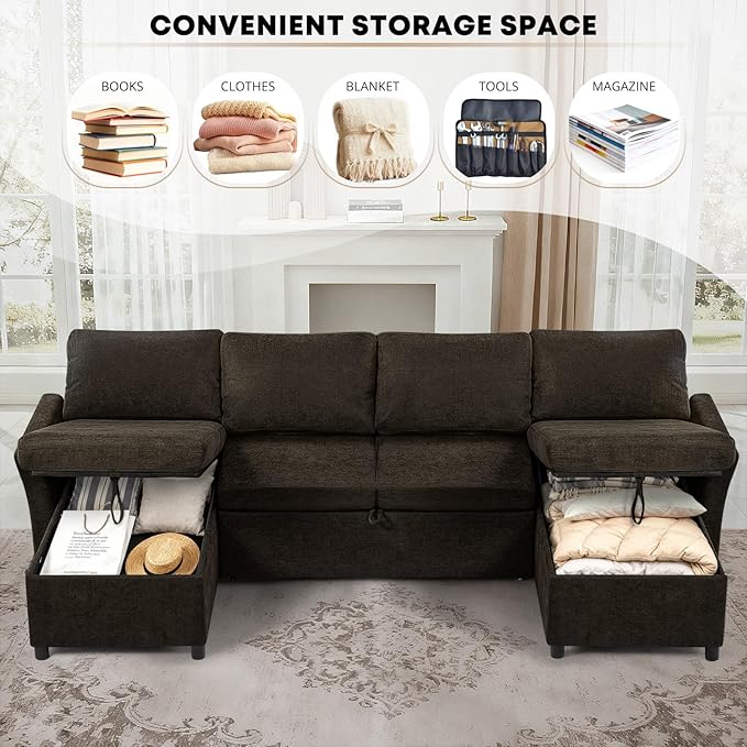 ACMEASE 107 Inches Fabric Sectional Sofa with Pull Out Sofa Bed, Modern U Shaped Sofa with Throw Pillows, Comfortable Sleeper Couch with Storage Chaise for Living Room, Brown