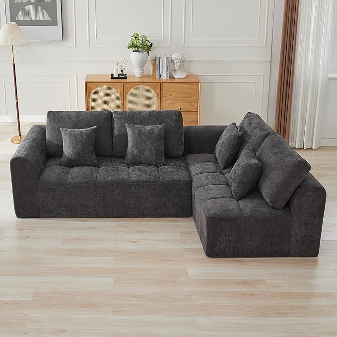 110''Modular Sectional Couches for Living Room, Cloud Boneless Compressed Sofa Right Facing Chaise, Oversized L Shaped 4 Seater Memory Foam Sofa, No Assembly, Chenille Grey