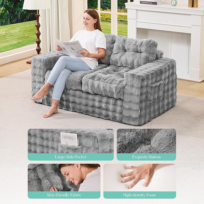 Hobestluk Sofa Couch Loveseat Sofa with Bubble Fabric 2-Seater Sofa for Small Spaces Comfortable Foam Floor Sofa 2 in 1 Boneless Couch for Living Room Bedroom Apartment or Office (Grey, Loveseat)