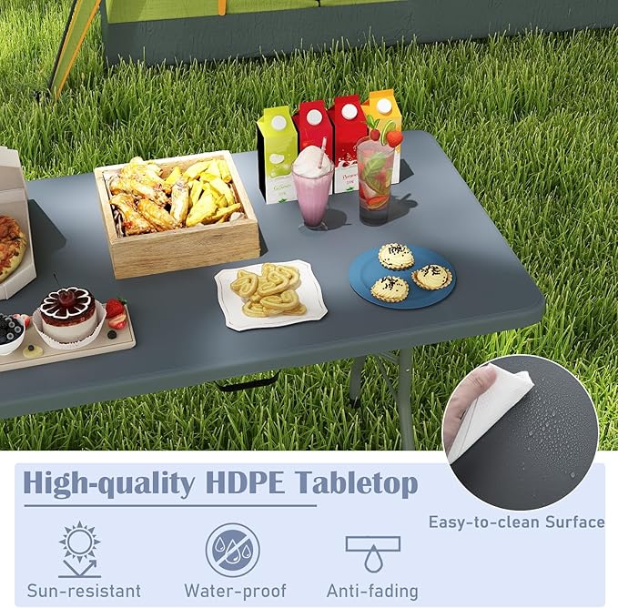 Tangkula 8 FT Folding Table, Indoor Outdoor Foldable Plastic Table with HDPE Tabletop, Sturdy Metal Fame, Carrying Handle, Heavy Duty Portable Fold-in-Half Picnic Table for Camping BBQ Party