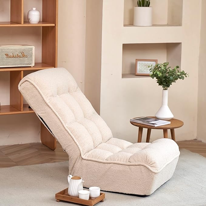 Floor Chair Single Lazy Sofa Leisure Balcony Reclining Japanese Tatami Adjustable Recliner with Ottoman for Living Room, Bedroom, Indoor Use(No Footstool, Beige)