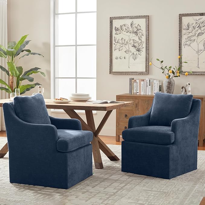 VKNOW Upholstered Dining Chairs Set of 4, Linen Kitchen Chair Dinner Chair with 4 Casters, Modern Armchair for Bedroom Reading Room Living Room, Navy