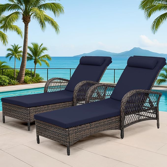 WINGTU Outdoor Chaise Lounge Chair Set of 2, PE Wicker Recliner Patio Reclining Sunbathing Chair with Cushion, 6-Position Patio Lounge Chair with Adjustable High Backrest, Armrest & Pillow, Navy Blue