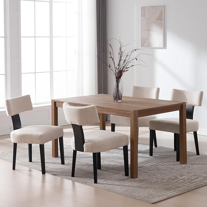 RIVOVA Linen Dining Chairs Set of 4 Modern Dining Chair with Black Wood Legs, Upholstered Dining Chairs for Dining Room, Kitchen, Vanity, Living Room, Beige
