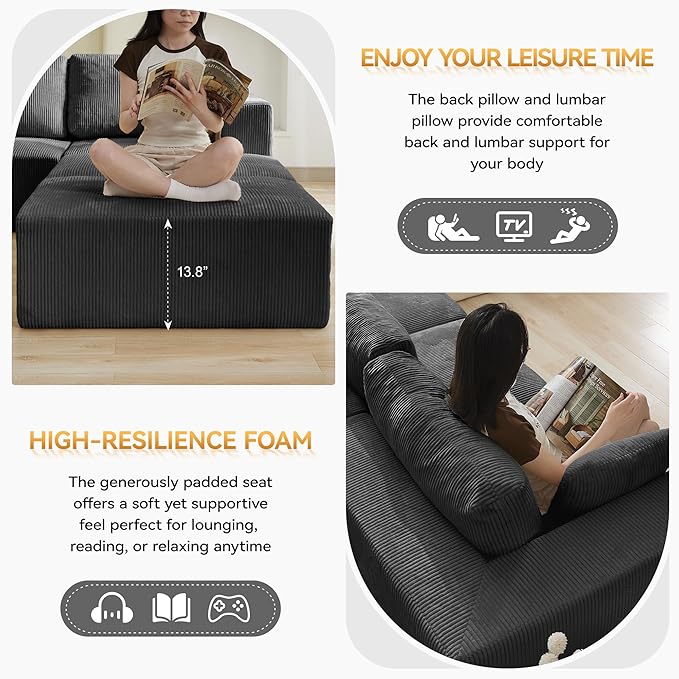 115'' Comfy Boneless Couch, Upholstered Deep Seat Modular Cloud Sofa, No Assembly Corduroy Compression 3 Seater Sofa Couch for Living Room, Grey