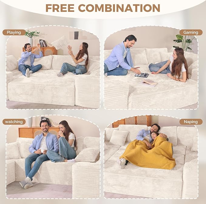 136'' Large Sectional Cloud Couches with Chaise, U Shaped Boneless Sofa Bed with Ottoman, No Assembly Required Deep Seat Modular Lounge for Living Room 4PCS Set, Bedroom(Beige)