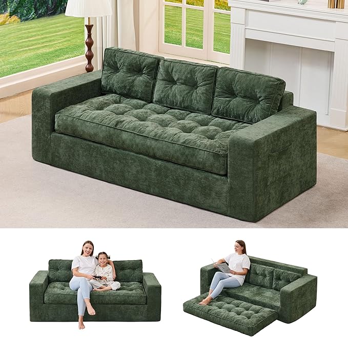 Hobestluk 3-Seater Sofa Boneless Couch with Tufted Button Design 2 in 1 Comfy Cloud Couch Oversized Sofa for Living Room Bedroom Apartment or Office (Green, 3 Seater)