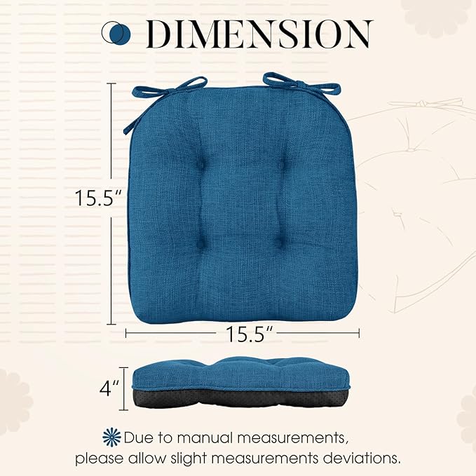 Basic Beyond Chair Cushions for Dining Chairs 4 Pack, Chair Cushion with Ties and Non Slip Backing, 15.5 x 15.5 inches Tufted Chair Pads for Dining Chairs(Turquoise)