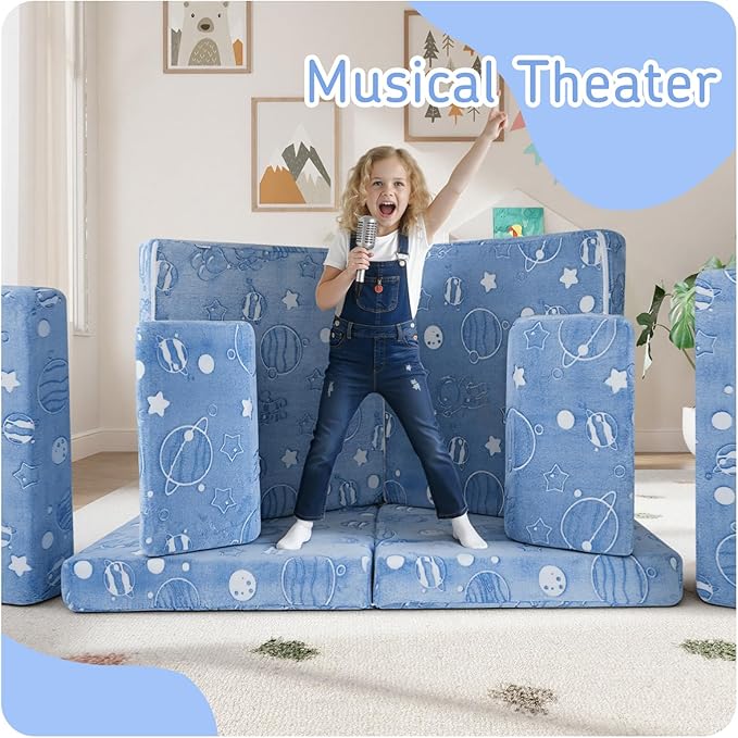 MeMoreCool Kids Modular Couch – 10-Piece Set, Fold-Out Sofa for Boys & Girls, Glow-in-The-Dark Space Theme Convertible Fort Builder | Washable Cover | Ideal for Playroom, Bedroom