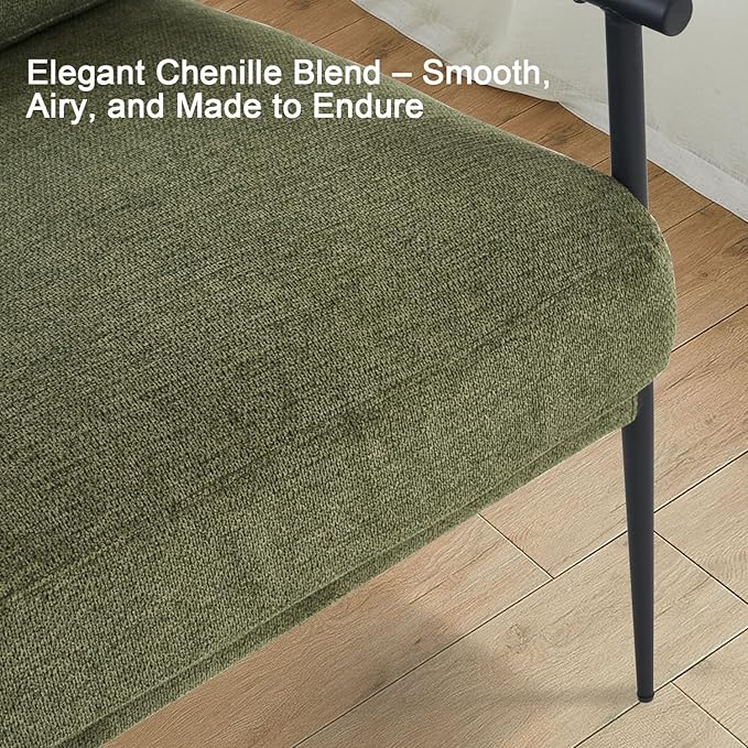 2PCS Green Accent Chair Set of 2 Chenille Mid Century Modern Armchair with Upholstered Soft Cushion for Living Room,Lounge,Bedroom,Wood-Grain Metal Armrest Legs