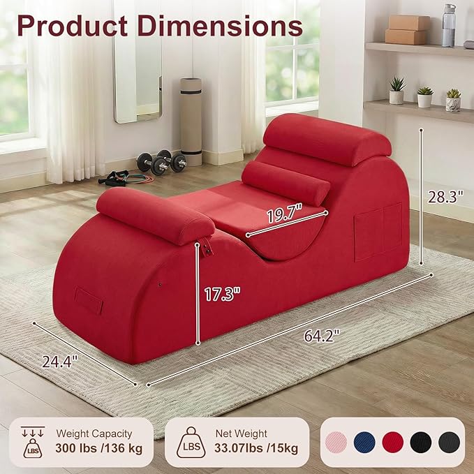 Yoga Chaise Lounge Chair, S-Shaped Floor Sofa with Moveable Headrest, Lumbar Pillow, Support Cushion, Footrest, Non-Slip Base, No-Assembly Lounger for Stretching, Meditation & Relaxation (Red)
