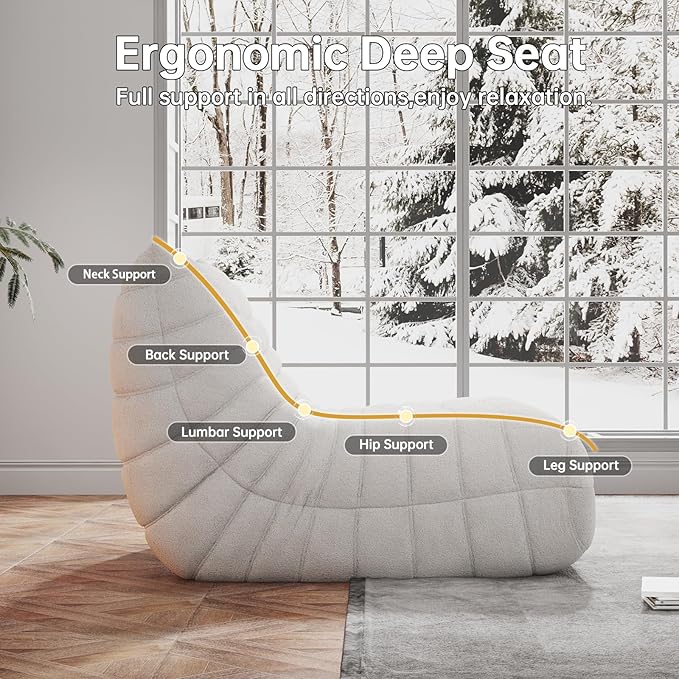 Bean Bag Chairs for Adults, BeanBag Reading Chair Memory Foam Couch, Floor Chair Soft Teddy Material, Comfy Reading Nook Chairs for Bedroom Living Room Office (White)