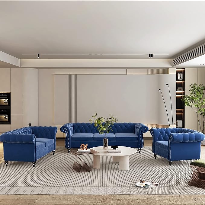 QHITTY Accent Sofa, Chesterfield Loveseat Modern Velvet Couch Upholstered Sofa with Tufted Back for Living Room Furniture (Blue)