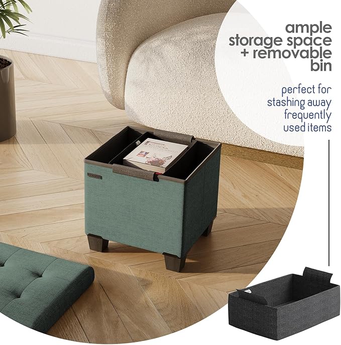 Storage Ottoman Cube with Small Bin, 16-in Square Ottoman with Storage for Living Room and Bedroom, Small Ottomans Foot Rest, Fabric Foot Stools Ottomans Max 330lbs, Green