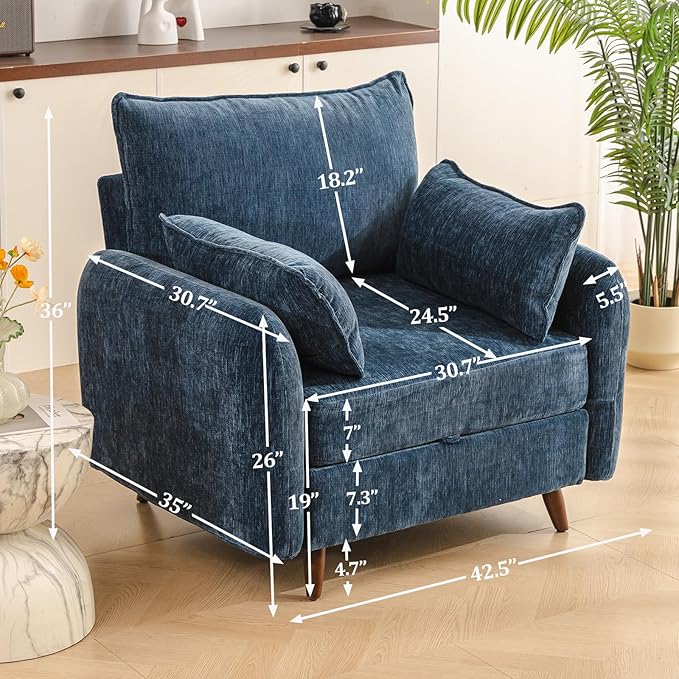Oversized Accent Chair with Seats Storage,Comfy Living Room Chairs with 2 Throw Pillow,Upholstered Mid-Century Armchair,24.5'' Deep Seat,Big Reading Chair for Bedroom,Office,Chenille,Blue