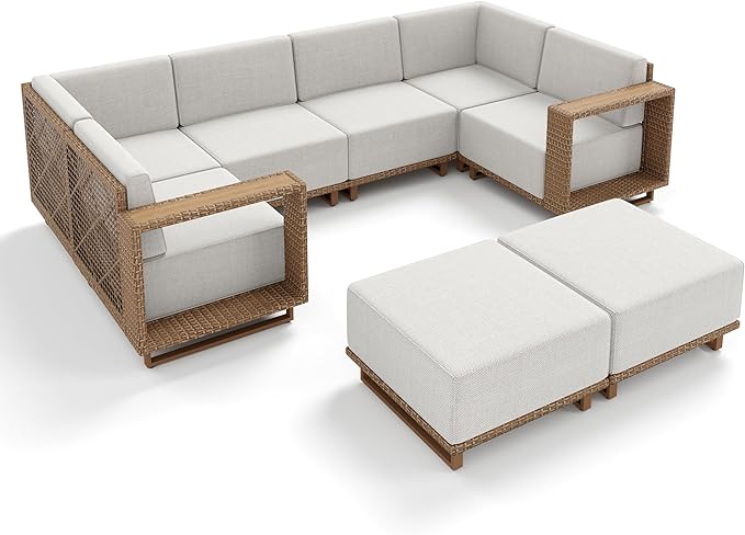 MIXPATIO 8 Pieces Outdoor Patio Furniture Set, Wicker Rattan Modular Patio Sofa Couch, Sectional Outdoor Conversation Set with 10" Extra Thick Cushions for Deck Backyard Lawn