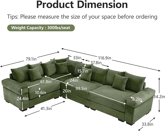 KEIKI 117" L-Shaped Oversized Corduroy Modular Cloud Sectional Sofa with High-Density Foam Cushion, Extra-Thick Armrest, Convertible 4-Seater Fluffy Corner Couch with 14 Pillow, for Living Room, Green