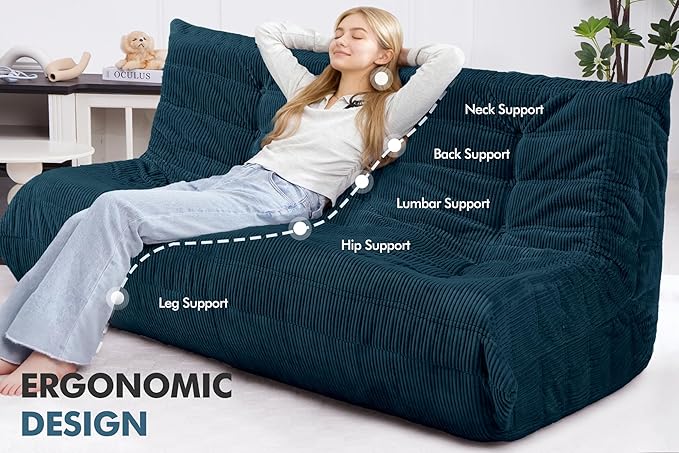 Bean Bag Chair,Giant Beanbag Chairs for Adults,Comfy Large Fireside Chair Lazy Sofa,Corduroy Bean Bag Lounger with Memory Foam Filled,Floor Sofa Couch for Living Room (Navy Blue, 3-Seater)