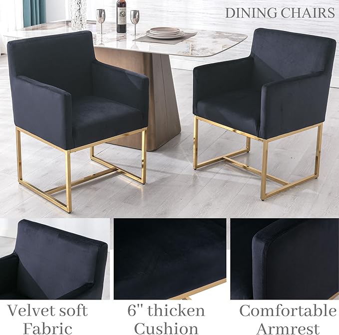 BESTANO Set of 6 Upholstered Velvet Dining Chairs with Armrest, Mid Century Modern Accent Armchairs, Modern Kitchen & Dining Room Chairs with Gold Frame, Black