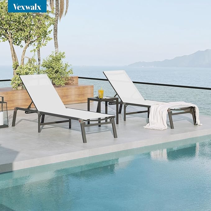 Vexwalx Foldable Lounge Chair Outdoor, Aluminum Pool Lounge Chairs with 5 Positions Recliner - No Assembly - Patio Chaise Lounge Chair for Outside, Poolside (White)