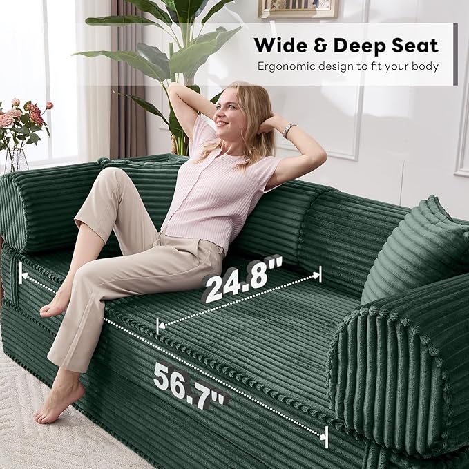 Tbfit 79'' Folding Boneless Couch, Oversized Corduroy Convertible Sofa Bed, Futon Mattress Sleeper Sofa, Comfy Foldable Upholstered Floor Couches for Living Room, Dark Green