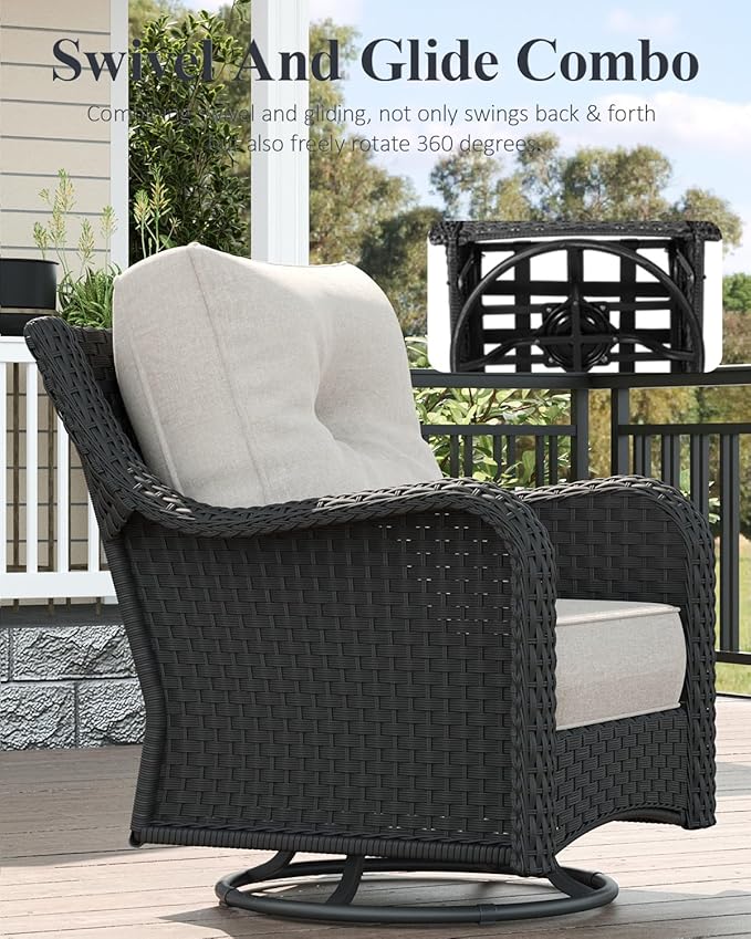 LayinSun 7 Piece Wicker Outdoor Furniture Set with 6-inch Comfy Cushions, High Back Patio Furniture Set with Swivel Rocking Chairs and Fire Pit Table