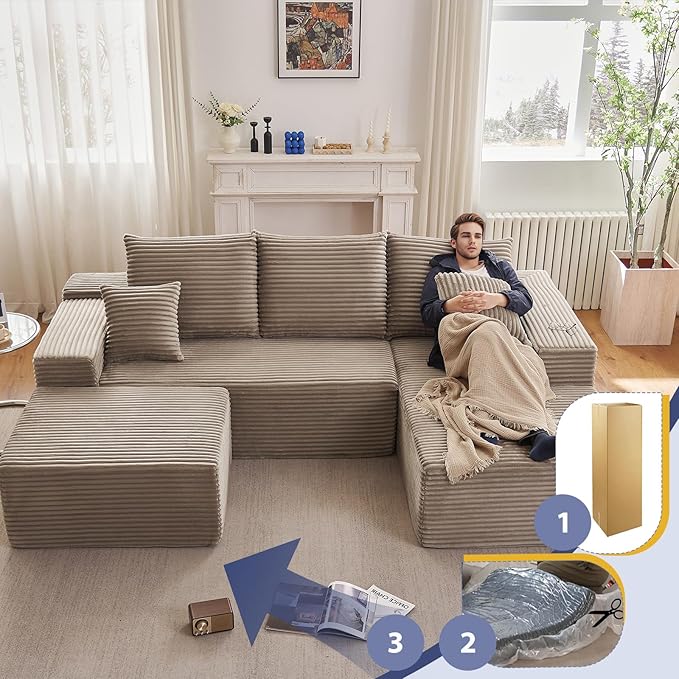 107" W Cloud Sectional Couch with Ottoman,Modern U-Shaped Cloud Couch with Deep Seat,Comfy Corduroy 3-Seater Sofa,Memory Foam Sofa for Living Room,No Assembly (Camel,Right-Facing Chaise)