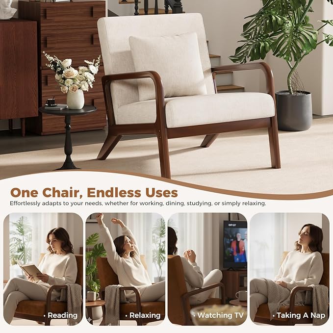 ELUCHANG Mid-Century Modern Chair,Accent Chair with Lumbar Pillow,Upholstered Armchair,Linen Fabric Comfy Reading Chair Beige, Linen, Set of 1