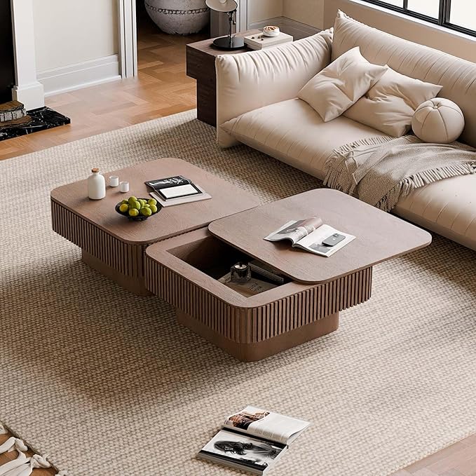 FGXJY Square Small Coffee Table with Storage, Modern Wooden Coffee Table with Solid Wood Veneered, Fluted Center Table Drum Tea Table for Living Room Apartment, 31.5''L×31.5''W×14''H