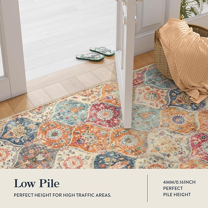 Lahome Kitchen Rugs Non Slip Washable Rugs for Entryway, 2x4 Rug Non-Slip Moroccan Trellis Ultra-Thin Indoor Door Mat Small Carpet for Bathroom Bedroom Entry, Cream/Multi