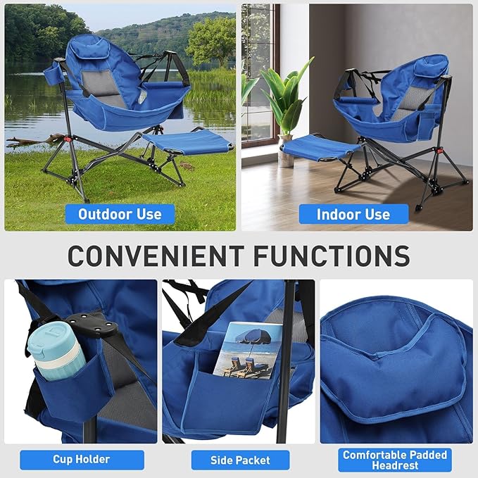 GDY Camping Chairs, Oversized Hammock, Folding Rocking Chairs, Adjustable Back Swing Chairs, Cup Holder, Outdoor Beach Lawn, Blue