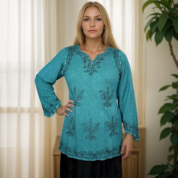 Agan Traders 2025 Winter Long Sleeve Diamond Neck Embroidered Tops - Medieval Boho Vintage Tunic Kurta Blouses for Women