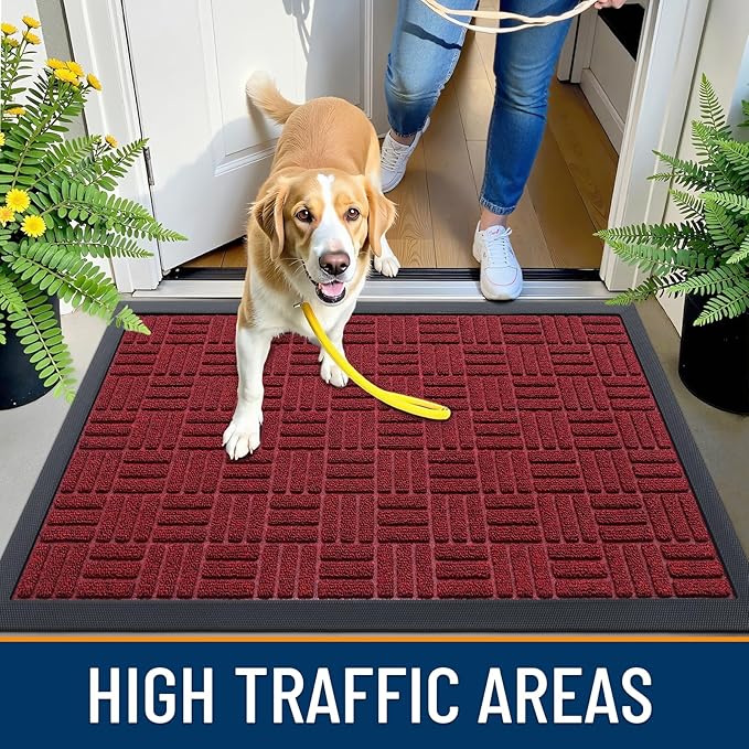 OLANLY Front Door Mat Outside Entrance 59x23, Absorbent, Heavy Duty Sturdy Natural Rubber Doormat Indoor Outdoor, Non-Slip, Stain and Fade Resistant, Low Profile Floor Mat for Entryway, Black Red