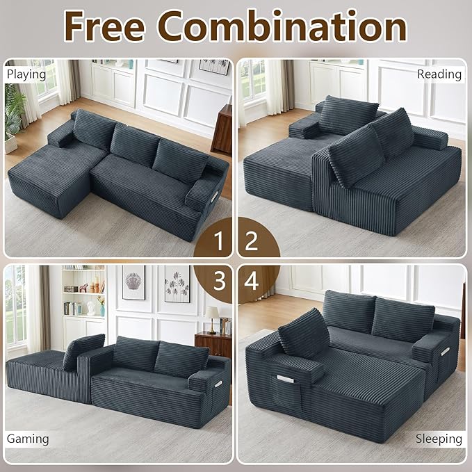 96.1" Modular Sectional Sofa Couches L-Shape Couch 3 Seat Modular Sofa Corduroy Memory Foam Sectional Boneless Couches for Living Room, Cloud Couch with Oversized Chaise(Dark Gray, Left Facing)