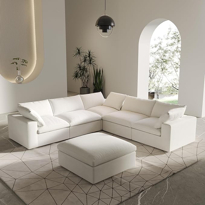 V-Shaped Cloud Sectional Couch, Modular Sectional Sofa, Modern Comfy Cloud Sofa with Storage Ottoman, Covers Removable, Convertible Sleeper Couch for Living Room Apartment (White, Linen Fabric)