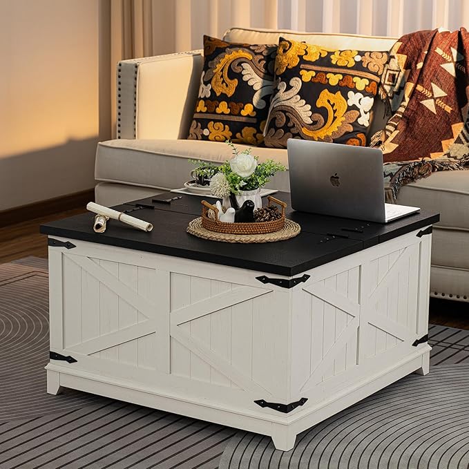 Farmhouse Coffee Table Sets 2 Pieces, Large End Side Tables with Charging Station and Coffee Table with Hidden Storage Compartment, Black Living Room Table Set, Wood Furniture Sets for Home Office